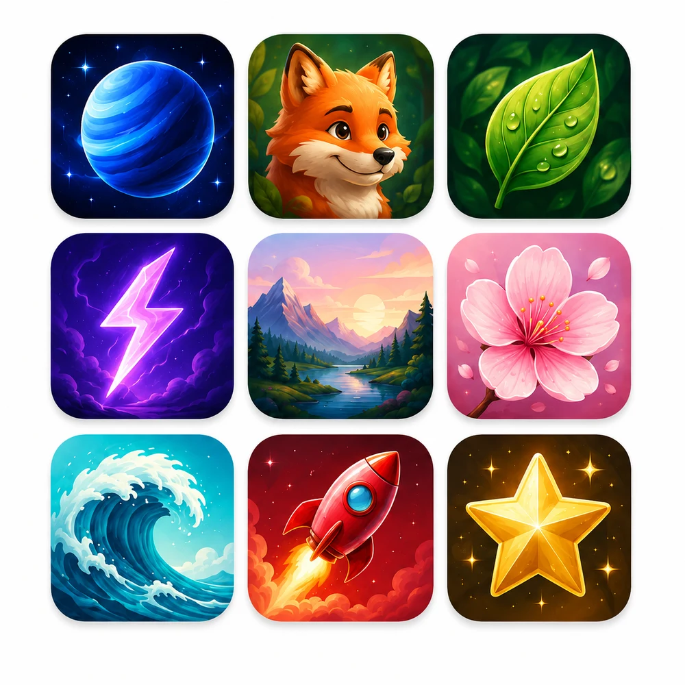 AI icon style inspiration: a blue planet, fox, leaf, lightning bolt, landscape, flower, wave, rocket, and star