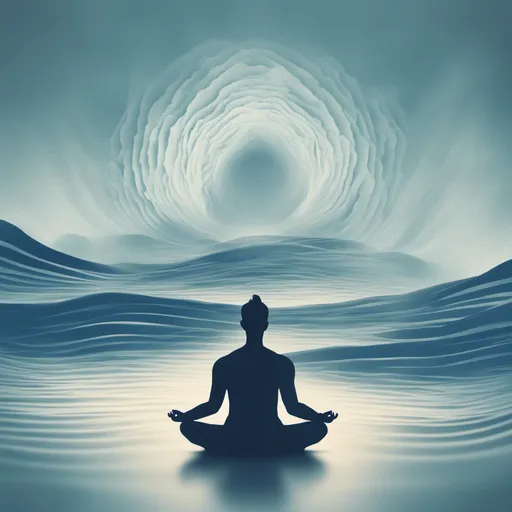 A person meditating on still water, with soft rings of air rising behind them