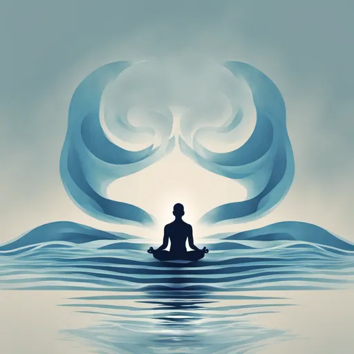 A meditating figure framed by two blue wave shapes curling overhead