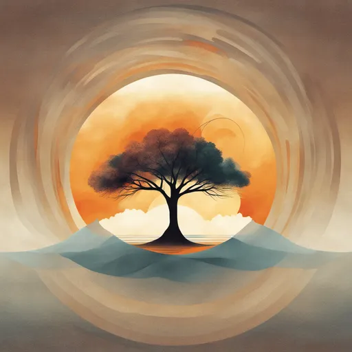 A tree against an orange sun, surrounded by brushed circular strokes